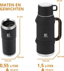 MacGyver RVS Thermoskan 1.5 Ltr – RVS Thermosbeker 0,55 Ltr - Langdurig Warm/koud - Zwart -Woonwinkel 1079x1200 1