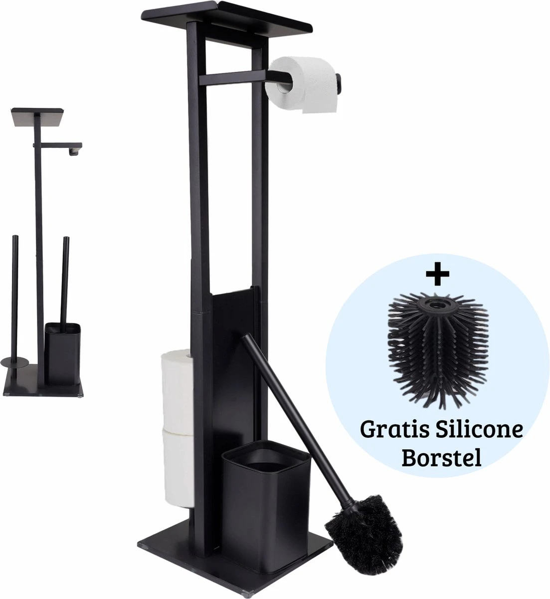 Mmoods Toiletbutler Zwart - WC Borstel Met Toiletrolhouder Vrijstaand - Toiletborstel Siliconen Industrieel Design Mmoods - Reserverolhouder Zonder Boren Staand Met Plankje RVS 3 Mmoods Toiletbutler Zwart - WC Borstel Met Toiletrolhouder Vrijstaand - Toiletborstel Siliconen Industrieel Design Mmoods - Reserverolhouder Zonder Boren Staand Met Plankje RVS