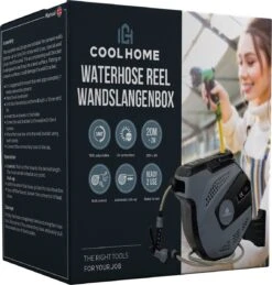 CoolHome - Wandslangenbox 20 Meter + 2 Meter - Tuinslang Met Haspel- Slangenhouder 180° Draaibaar - Tuinslanghaspel Zwart - Grijs -Woonwinkel 1146x1200