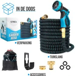 Strex Flexibele Tuinslang 15M Met Sproeikop - Uitrekbaar - Incl. Koppelingen, Ophanghaak & Opbergzak -Woonwinkel 1176x1200