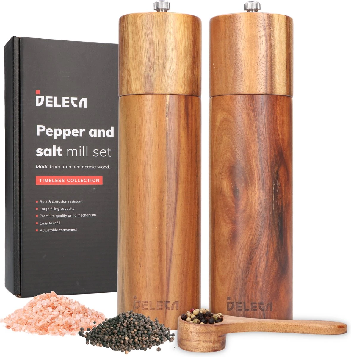 Deleca Luxe Peper En Zoutmolen Set - Zout / Pepermolen - Handmatig - Met Navul Lepel & Geschenkdoos - Acacia Hout - Rond 3 Deleca Luxe Peper En Zoutmolen Set - Zout / Pepermolen - Handmatig - Met Navul Lepel & Geschenkdoos - Acacia Hout - Rond