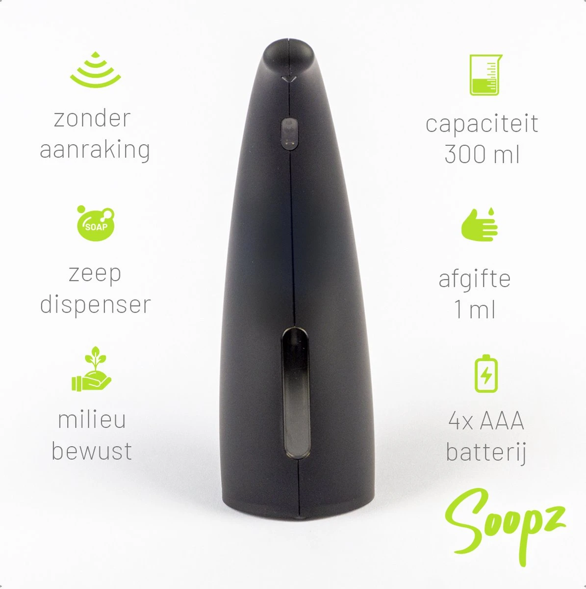 Soopz Black Graphite Classic - Automatische Zeepdispenser - No Touch Sensor - Mat Zwart - 300ml – Zeeppompje 8 Soopz Black Graphite Classic - Automatische Zeepdispenser - No Touch Sensor - Mat Zwart - 300ml – Zeeppompje - Afbeelding 6