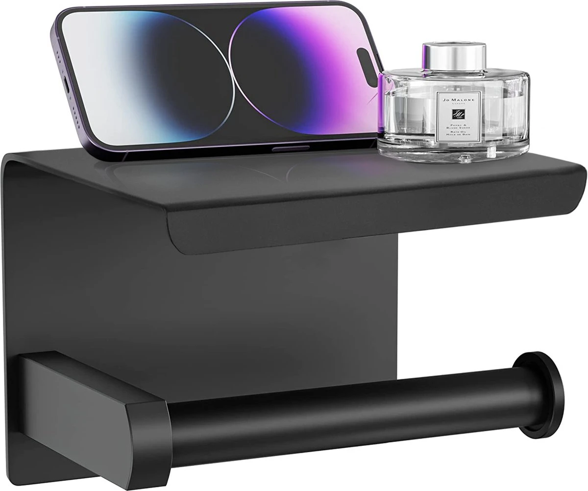 Strex WC Rolhouder Met Plankje - Zwart - Zelfklevend / Boren / Zonder Boren - Toiletrolhouder - WC Papier Houder 2 Strex WC Rolhouder Met Plankje - Zwart - Zelfklevend / Boren / Zonder Boren - Toiletrolhouder - WC Papier Houder