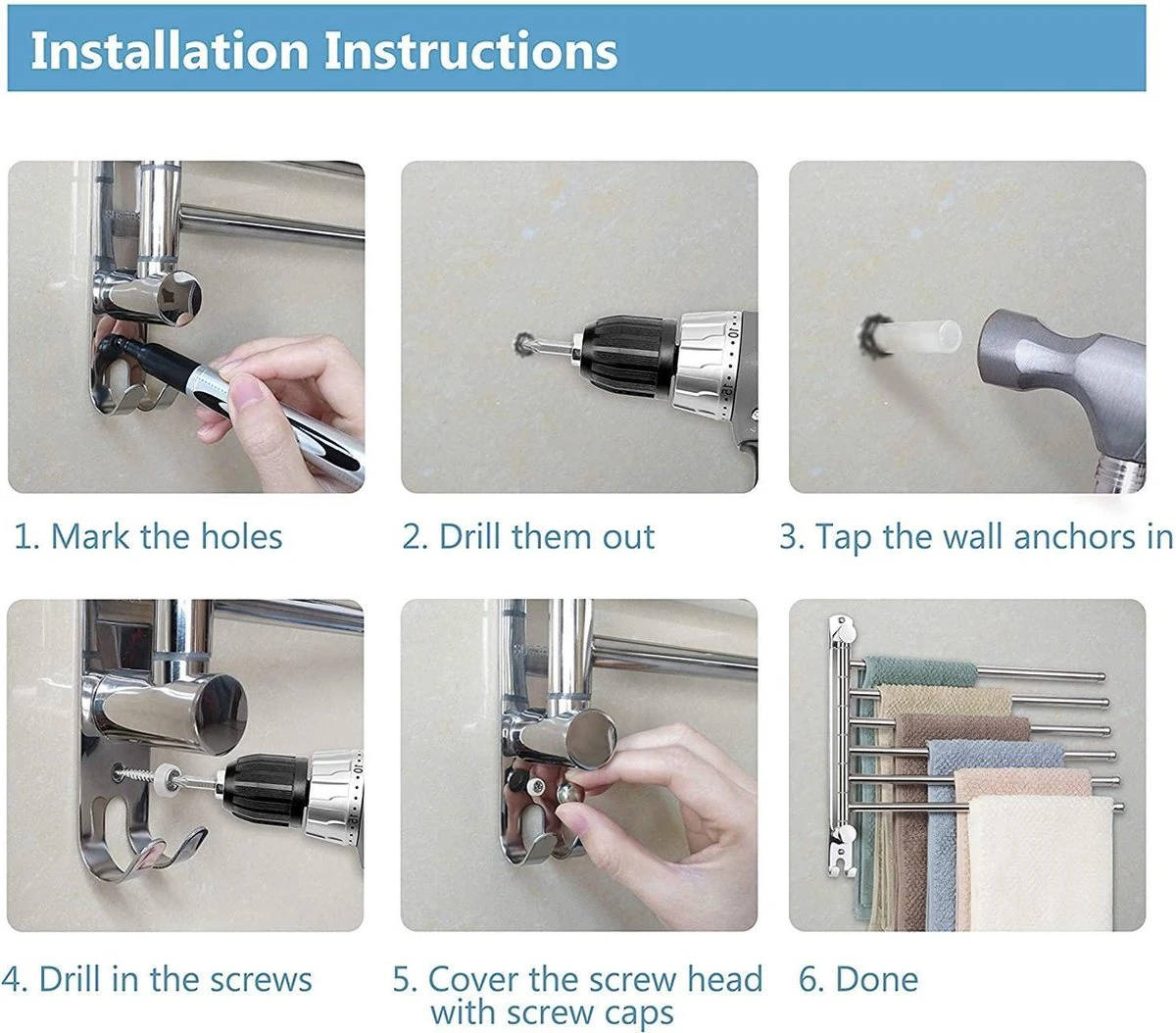 Handdokenrek Badkamer - Handdoekhouder RVS 180° Draaibare Badhanddoekhouder Met 6 Armen Zwenkarm Handdoekenrek Wandmontage Met Haken Badkamerhanddoekhouders Voor Badkamer, Keuken En Kledingkast - (WK 02123) 6 Handdokenrek Badkamer - Handdoekhouder RVS 180° Draaibare Badhanddoekhouder Met 6 Armen Zwenkarm Handdoekenrek Wandmontage Met Haken Badkamerhanddoekhouders Voor Badkamer, Keuken En Kledingkast - (WK 02123) - Afbeelding 4