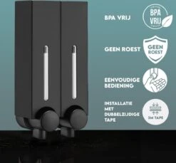 Aquathof, Zeepdispenser, Mat Zwart, 2 Kamer, 2 Reservoirs, 2x250ml - Hangend - Wandmontage -Woonwinkel 1200x1112