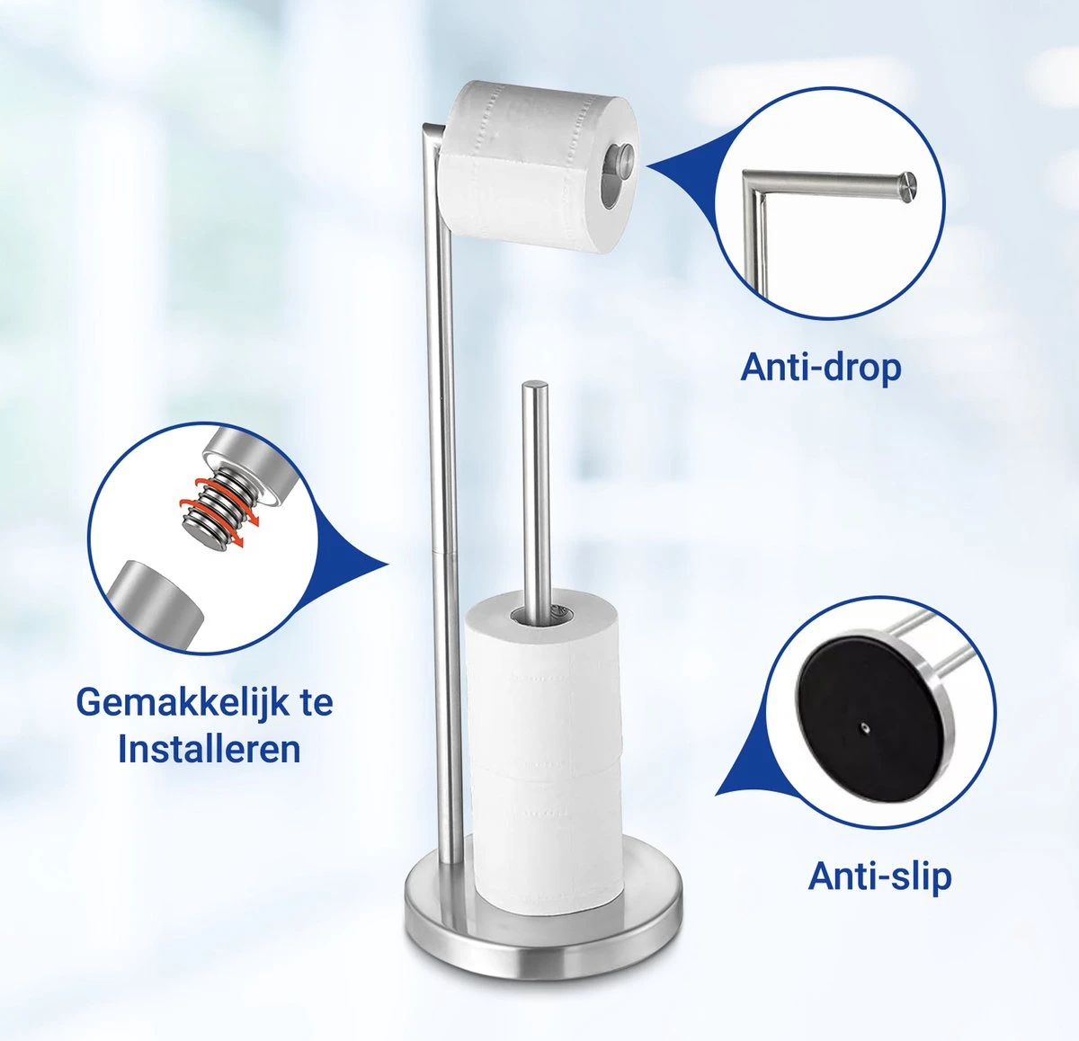 VDN Stainless Wc Rolhouder Staand - Toiletrolhouder En Reserverolhouder - RVS - Geschikt Voor 3+1 WC Papier Rollen - 2 In 1 4 VDN Stainless Wc Rolhouder Staand - Toiletrolhouder En Reserverolhouder - RVS - Geschikt Voor 3+1 WC Papier Rollen - 2 In 1 - Afbeelding 2