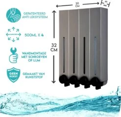 Aquathof, Zeepdispenser, RVS Kleur, 4 Kamer, 4 Reservoirs, 4x500ml, Hangend - Wandmontage -Woonwinkel 1200x1163 10