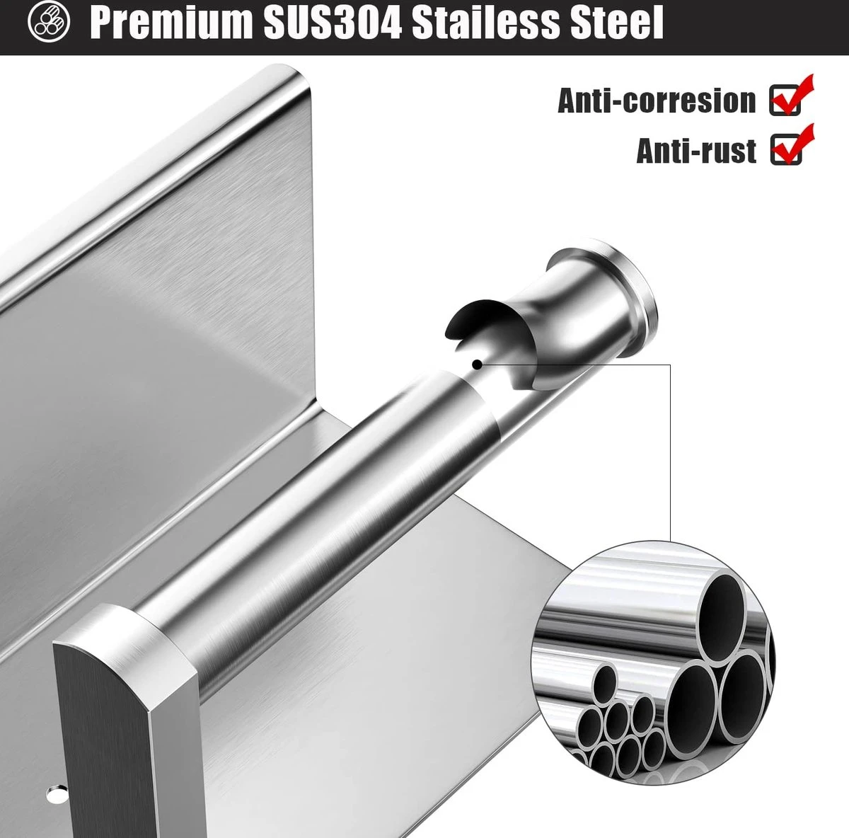 BOTC Toiletrolhouder Met Handdoekhaakjes - Toiletrolhouder - Toiletrolhouder - Zelfklevend / Boren / Zonder Boren - RVS - Zliver 6 BOTC Toiletrolhouder Met Handdoekhaakjes - Toiletrolhouder - Toiletrolhouder - Zelfklevend / Boren / Zonder Boren - RVS - Zliver - Afbeelding 4