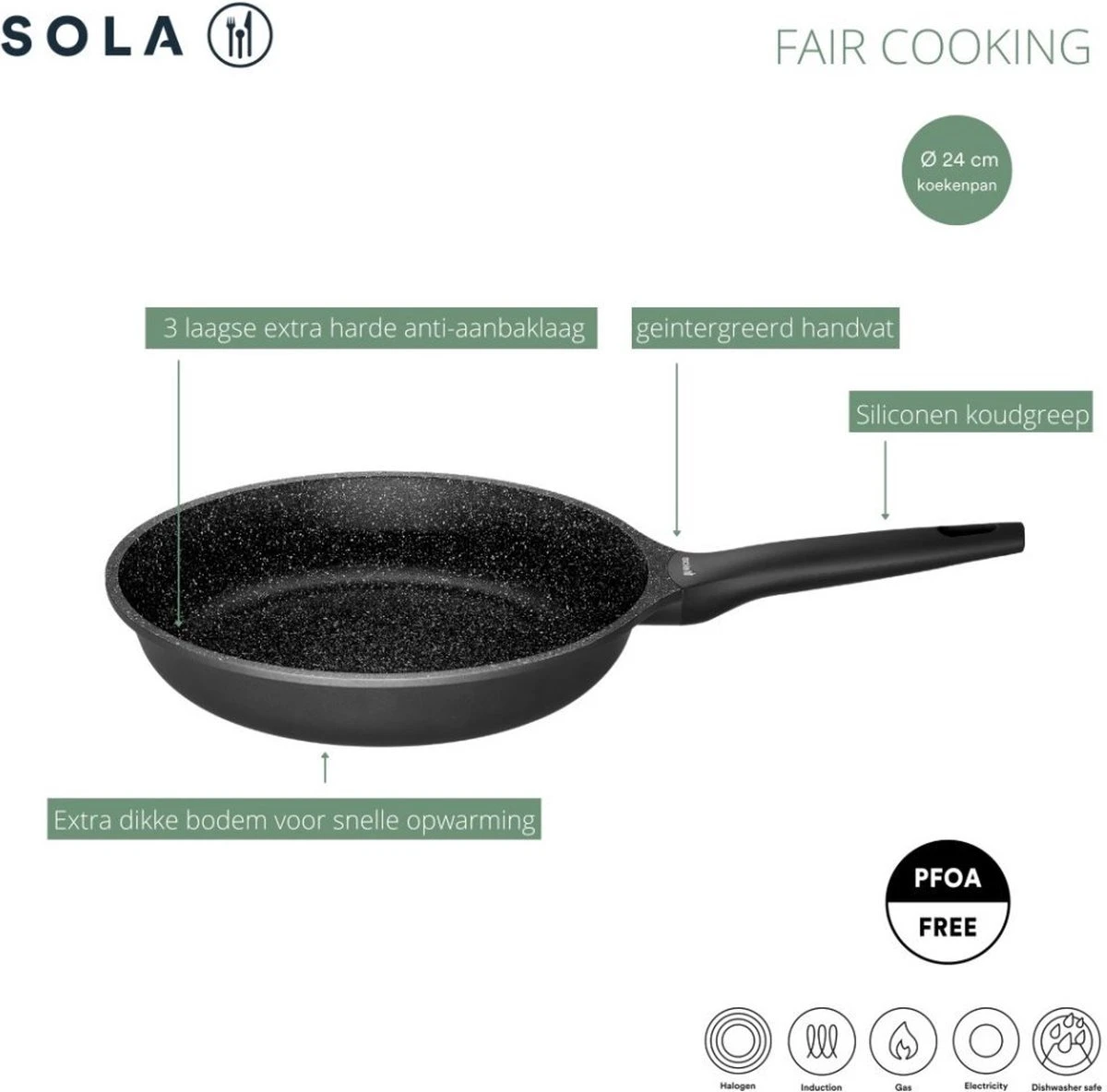 Sola - Fair Cooking Zwart/wit Greblon Anti Aanbaklaag 7 Sola - Fair Cooking Zwart/wit Greblon Anti Aanbaklaag - Afbeelding 5