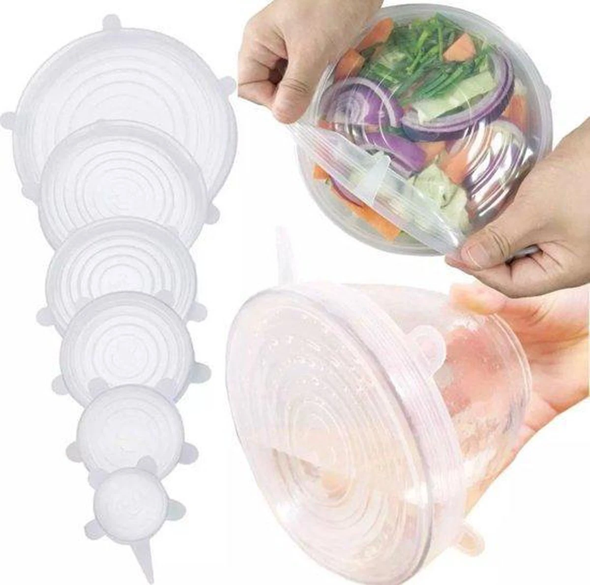 Siliconen Vershoud Deksels – Set Van 6 Stuks – Flexibel – Herbruikbaar – Wit - Stretch Tot Wel 30 Cm 7 Siliconen Vershoud Deksels – Set Van 6 Stuks – Flexibel – Herbruikbaar – Wit - Stretch Tot Wel 30 Cm - Afbeelding 5