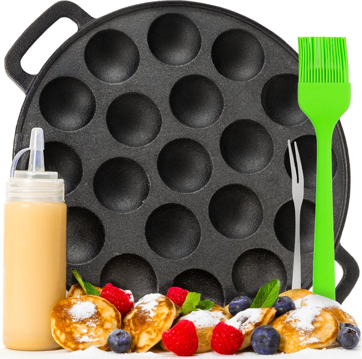 IRONO Poffertjespan Set - Incl. Doseerfles, Kwast En Vork - Poffertjespan Inductie En Electrisch - Poffertjesmaker 19 Poffertjes - Poffertjes Maken - Spuitfles - Cadeau Voor Mannen En Vrouwen 3 IRONO Poffertjespan Set - Incl. Doseerfles, Kwast En Vork - Poffertjespan Inductie En Electrisch - Poffertjesmaker 19 Poffertjes - Poffertjes Maken - Spuitfles - Cadeau Voor Mannen En Vrouwen