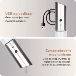 DODANA Premium Peper - & Zoutmolen Elektrisch - 1 Stuk - Pepermolen - Zoutmolen - Oplaadbaar - USB - Elektrische Pepermolen - RVS - Zwaartekracht Functie - LED Lamp - Nl Handleiding - Incl Borsteltje -Woonwinkel 1200x1192 5