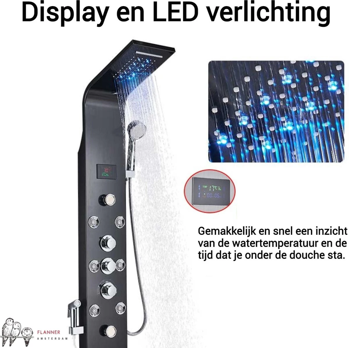Douchepaneel Met Massage - Regendouche - Massage Jets - Waterval Douche - Met Thermostaatkraan En Handdouche - Zwart - Opbouw - Douchekop - Flanner® 8 Douchepaneel Met Massage - Regendouche - Massage Jets - Waterval Douche - Met Thermostaatkraan En Handdouche - Zwart - Opbouw - Douchekop - Flanner® - Afbeelding 6