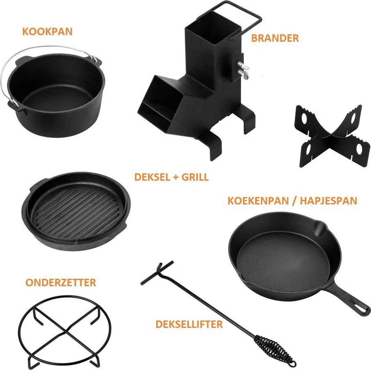 Dutch Mountains Gietijzeren Pannenset 7-delig - Dutch Oven – Braadpan - Grillpan - Hapjespan - Kookset In Houten Transportkist - Deksellifter - Brander 6 Dutch Mountains Gietijzeren Pannenset 7-delig - Dutch Oven – Braadpan - Grillpan - Hapjespan - Kookset In Houten Transportkist - Deksellifter - Brander - Afbeelding 4