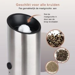 DODANA Premium Peper - & Zoutmolen Elektrisch - 1 Stuk - Pepermolen - Zoutmolen - Oplaadbaar - USB - Elektrische Pepermolen - RVS - Zwaartekracht Functie - LED Lamp - Nl Handleiding - Incl Borsteltje -Woonwinkel 1200x1199 15