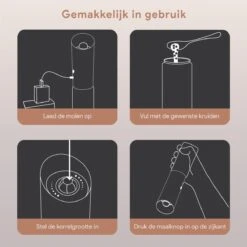 DODANA Premium Peper - & Zoutmolen Elektrisch - 1 Stuk - Pepermolen - Zoutmolen - Oplaadbaar - USB - Elektrische Pepermolen - RVS - Zwaartekracht Functie - LED Lamp - Nl Handleiding - Incl Borsteltje -Woonwinkel 1200x1200 1062