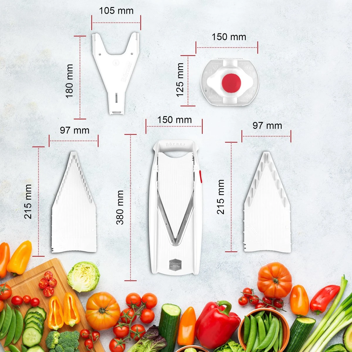 Börner Mandoline V5 PowerLine - Inclusief Opbergbox - Geleverd In Mooie Doos - 6-delige Set - 7 Snijdiktes - Geschikt Als Frietsnijder - BPA-vrij En Roestvrij - Grijs 9 Börner Mandoline V5 PowerLine - Inclusief Opbergbox - Geleverd In Mooie Doos - 6-delige Set - 7 Snijdiktes - Geschikt Als Frietsnijder - BPA-vrij En Roestvrij - Grijs - Afbeelding 7