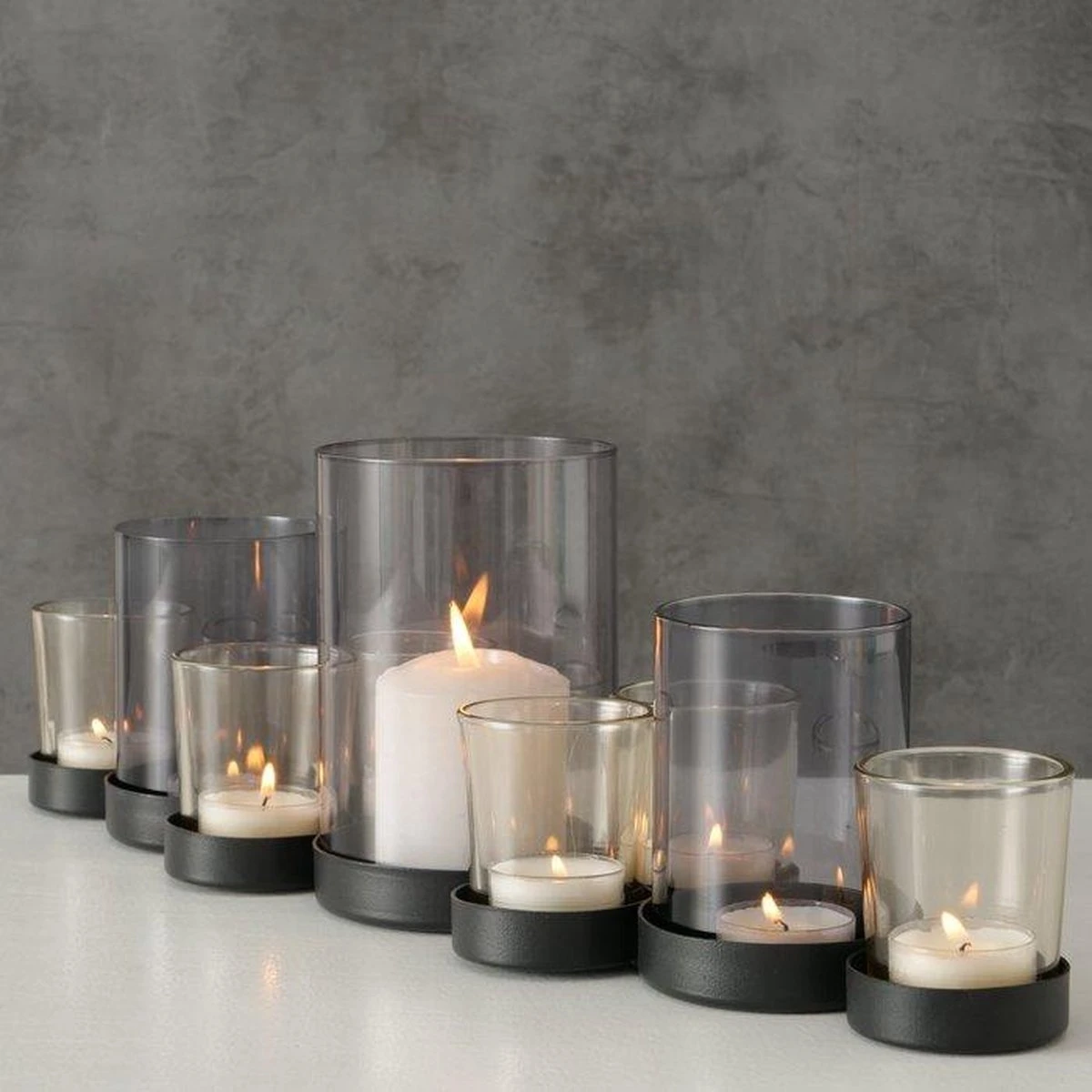 Theelichthouder Zwart Metaal / Glas. Set Van 9 5 Theelichthouder Zwart Metaal / Glas. Set Van 9 - Afbeelding 3