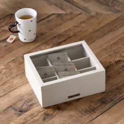 Riviera Maison Theedoos 6 Vakjes, Transparante Deksel - Room 48 Tea Box - Grijs - MDF, Glas -Woonwinkel 1200x1200 1395