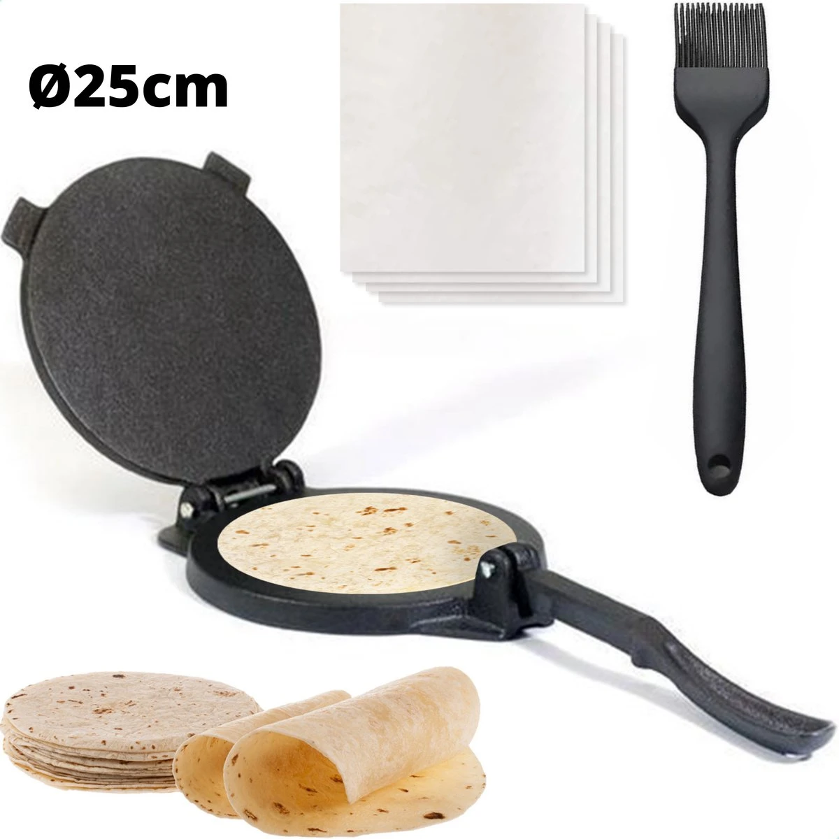 BooGoo® - Tortilla Pers Ø25CM - Inclusief Bakkwast En 100 Persvellen - Tortilla Press Roti Taco Maker - Tortillapan 3 BooGoo® - Tortilla Pers Ø25CM - Inclusief Bakkwast En 100 Persvellen - Tortilla Press Roti Taco Maker - Tortillapan