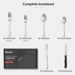 Deleca 8 Persoons Bestekset (48-delig) - Lepels, Messen, Vorken & Steakmessen - Vaatwasserbestendig - Zilver / RVS 21 Deleca 8 Persoons Bestekset (48-delig) - Lepels, Messen, Vorken & Steakmessen - Vaatwasserbestendig - Zilver / RVS -Woonwinkel 1200x1200 1566