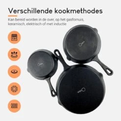 Ocina Gietijzeren Pan – Set Van 3 Stuks – ø25cm, ø19.5cm En ø16cm - Skillet - Koekenpan – Hapjespan – Koekenpan Inductie – Koekenpannenset - Gietijzeren Pan Bbq - Gietijzer - Incl. Receptenboek -Woonwinkel 1200x1200 1617