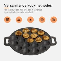 Ocina Poffertjespan – Combo Pack – 19 Poffertjes – Poffertjesmaker – Poffertjespan Inductie – Poffertjespan Electrisch – Gietijzeren Pan - Inclusief Doseerfles, Handvaten, 6x Poffertjesvorken En Invetkwast – Gratis Receptenboek -Woonwinkel 1200x1200 1733