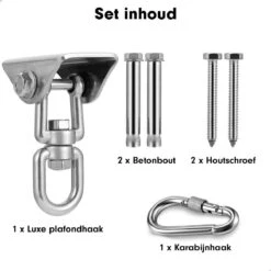 Luxe Ophangsysteem - 180° Schommelen, 360° Roteerbaar - Plafondhaak - Ophanghaak - Hangstoel Buiten - Hangstoel Binnen – Schommelstoel - Schommel - Bokszakken - RVS - Nederlandse Handleiding - 23 Luxe Ophangsysteem - 180° Schommelen, 360° Roteerbaar - Plafondhaak - Ophanghaak - Hangstoel Buiten - Hangstoel Binnen – Schommelstoel - Schommel - Bokszakken - RVS - Nederlandse Handleiding - -Woonwinkel 1200x1200 187