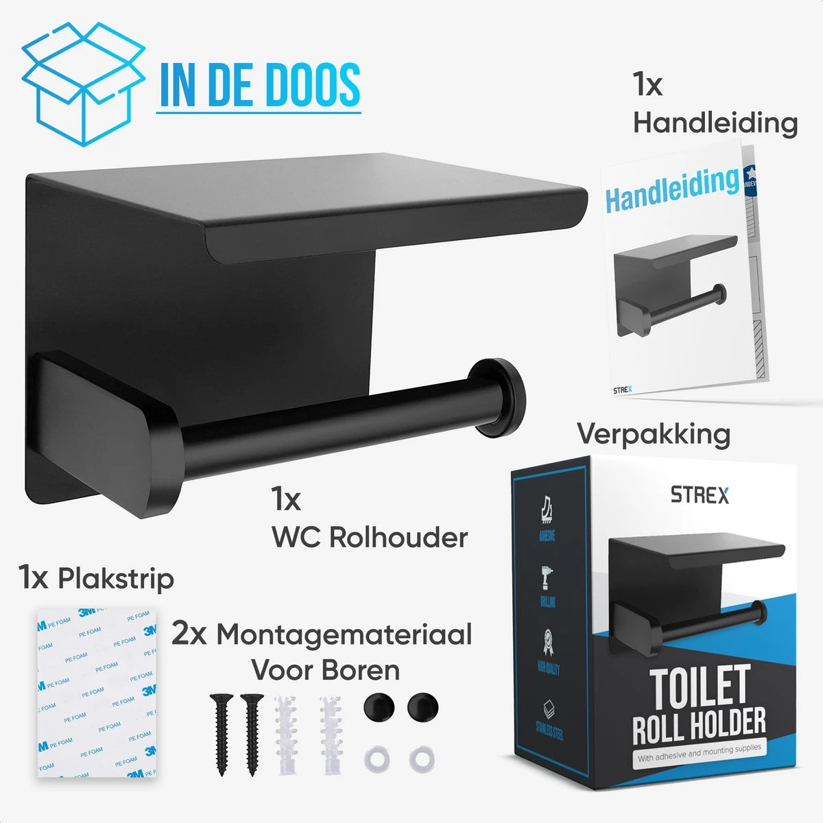 Strex WC Rolhouder Met Plankje - Zwart - Zelfklevend / Boren / Zonder Boren - Toiletrolhouder - WC Papier Houder 9 Strex WC Rolhouder Met Plankje - Zwart - Zelfklevend / Boren / Zonder Boren - Toiletrolhouder - WC Papier Houder - Afbeelding 8