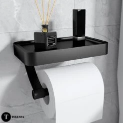 Tolussa Premium WC Rolhouder Zwart Met Plankje - Toiletrolhouder Zwart Met Plankje - Met En Zonder Boren