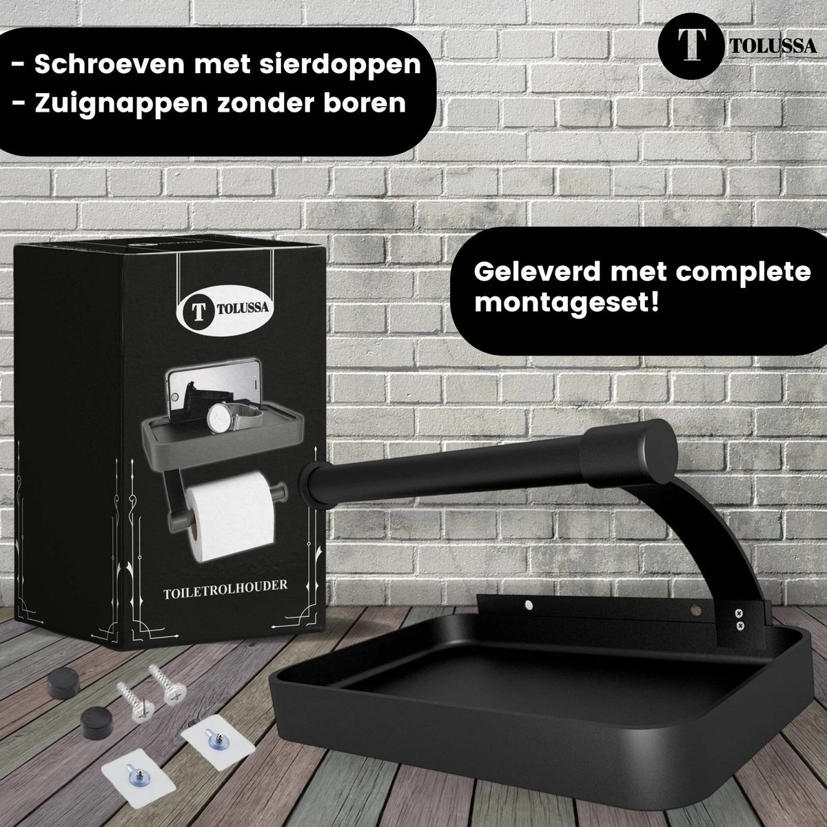 Tolussa Premium WC Rolhouder Zwart Met Plankje - Toiletrolhouder Zwart Met Plankje - Met En Zonder Boren 12 Tolussa Premium WC Rolhouder Zwart Met Plankje - Toiletrolhouder Zwart Met Plankje - Met En Zonder Boren - Afbeelding 10