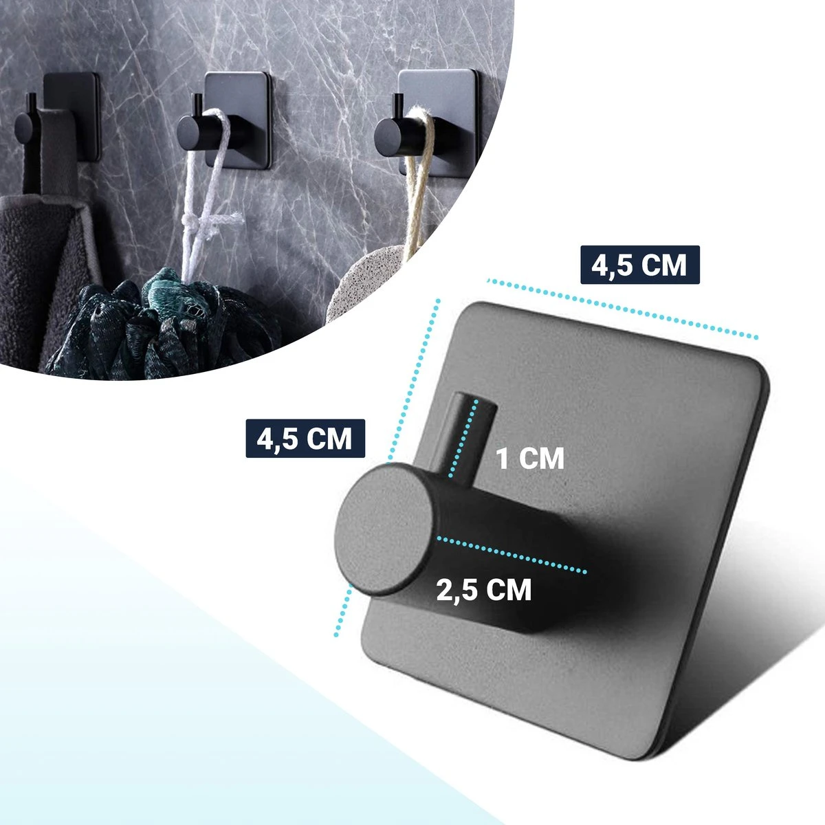 Qitch & Quisine Handdoekhaakjes - Set Van 3 Zwarte Haakjes - Zelfklevend - Waterbestendig - RVS 4 Qitch & Quisine Handdoekhaakjes - Set Van 3 Zwarte Haakjes - Zelfklevend - Waterbestendig - RVS - Afbeelding 2