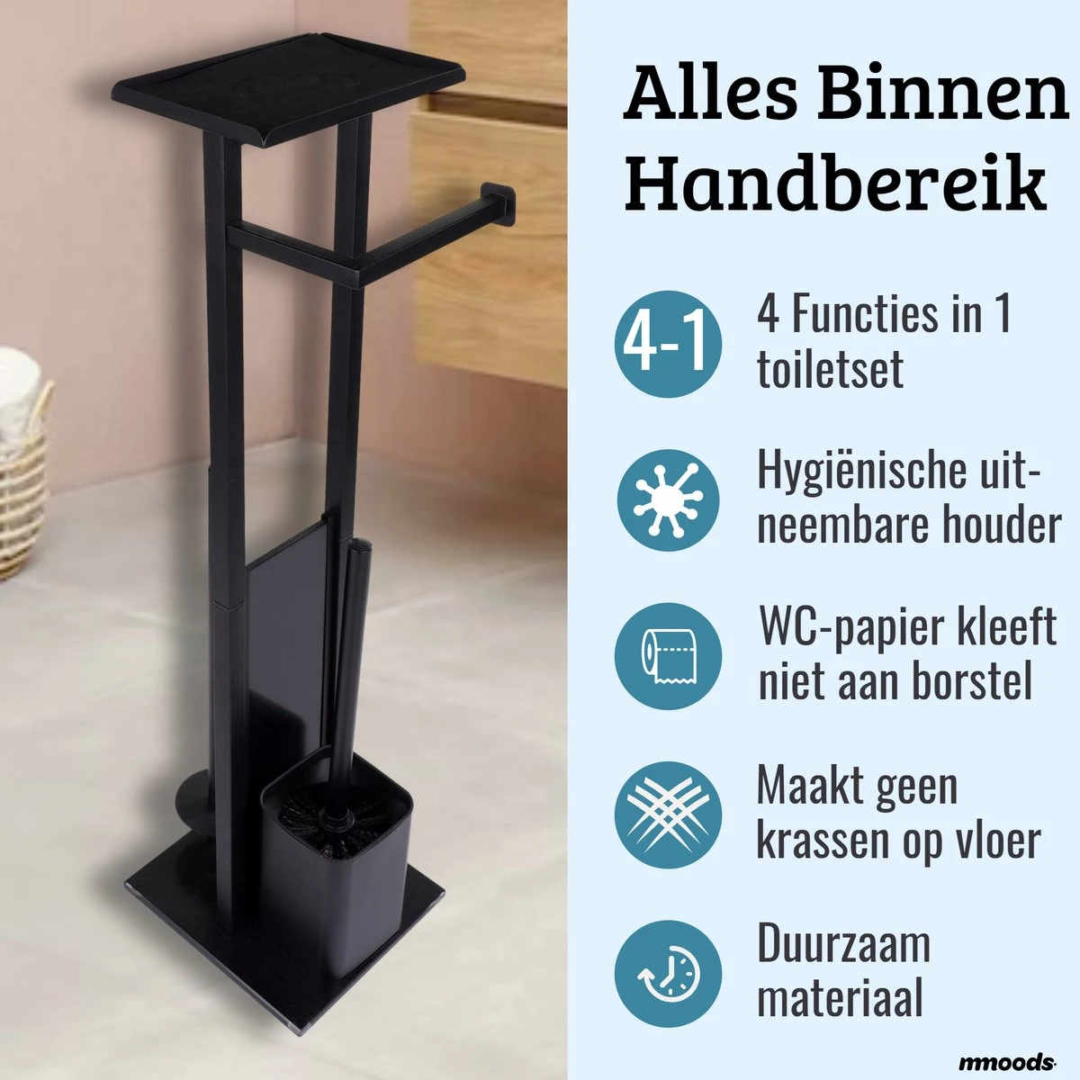 Mmoods Toiletbutler Zwart - WC Borstel Met Toiletrolhouder Vrijstaand - Toiletborstel Siliconen Industrieel Design Mmoods - Reserverolhouder Zonder Boren Staand Met Plankje RVS 4 Mmoods Toiletbutler Zwart - WC Borstel Met Toiletrolhouder Vrijstaand - Toiletborstel Siliconen Industrieel Design Mmoods - Reserverolhouder Zonder Boren Staand Met Plankje RVS - Afbeelding 2