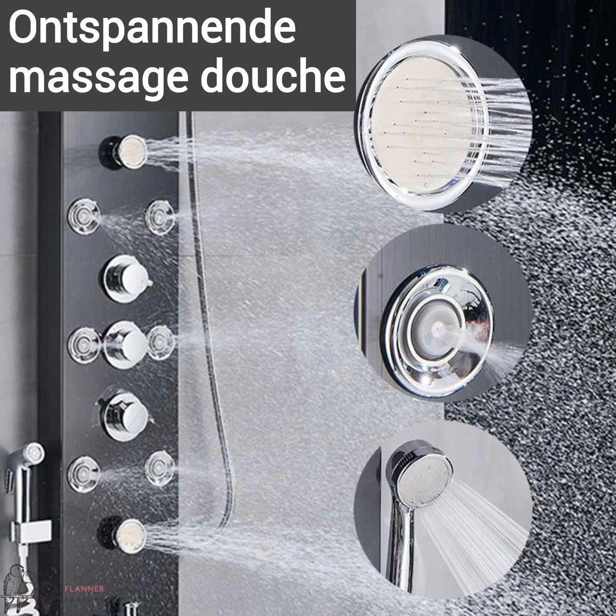 Douchepaneel Met Massage - Regendouche - Massage Jets - Waterval Douche - Met Thermostaatkraan En Handdouche - Zwart - Opbouw - Douchekop - Flanner® 5 Douchepaneel Met Massage - Regendouche - Massage Jets - Waterval Douche - Met Thermostaatkraan En Handdouche - Zwart - Opbouw - Douchekop - Flanner® - Afbeelding 3