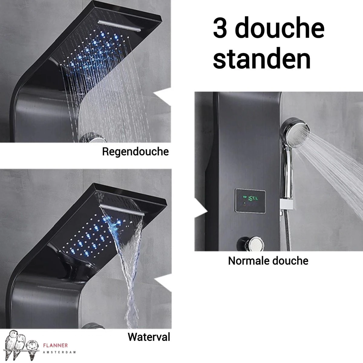 Douchepaneel Met Massage - Regendouche - Massage Jets - Waterval Douche - Met Thermostaatkraan En Handdouche - Zwart - Opbouw - Douchekop - Flanner® 6 Douchepaneel Met Massage - Regendouche - Massage Jets - Waterval Douche - Met Thermostaatkraan En Handdouche - Zwart - Opbouw - Douchekop - Flanner® - Afbeelding 4