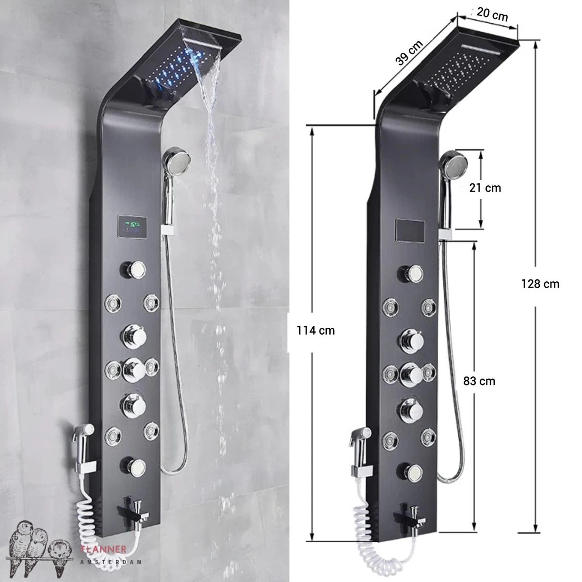 Douchepaneel Met Massage - Regendouche - Massage Jets - Waterval Douche - Met Thermostaatkraan En Handdouche - Zwart - Opbouw - Douchekop - Flanner® 7 Douchepaneel Met Massage - Regendouche - Massage Jets - Waterval Douche - Met Thermostaatkraan En Handdouche - Zwart - Opbouw - Douchekop - Flanner® - Afbeelding 5