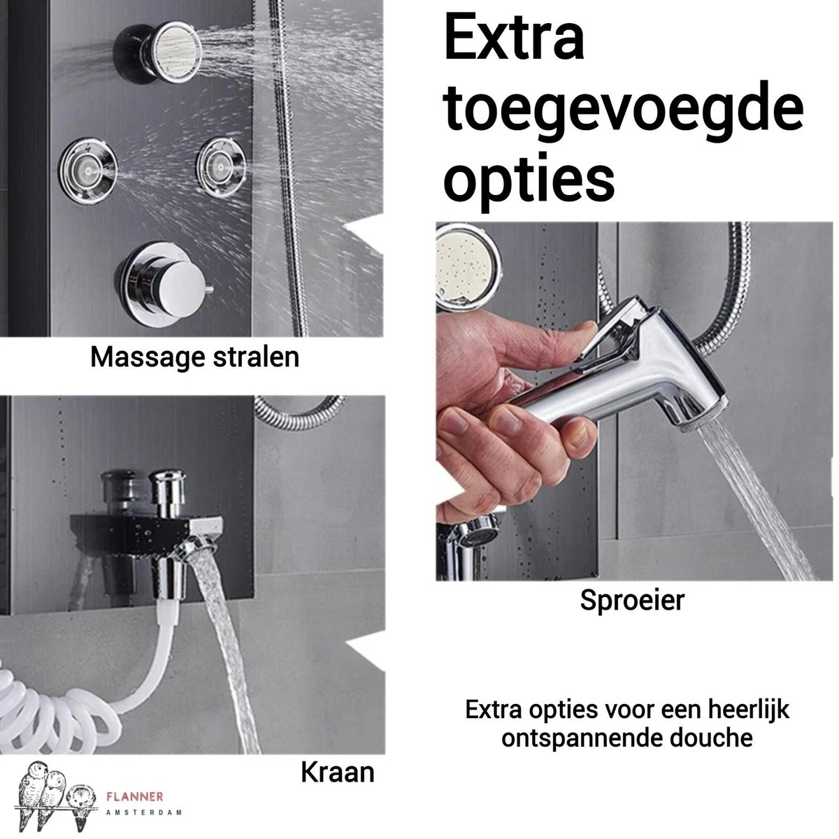 Douchepaneel Met Massage - Regendouche - Massage Jets - Waterval Douche - Met Thermostaatkraan En Handdouche - Zwart - Opbouw - Douchekop - Flanner® 9 Douchepaneel Met Massage - Regendouche - Massage Jets - Waterval Douche - Met Thermostaatkraan En Handdouche - Zwart - Opbouw - Douchekop - Flanner® - Afbeelding 7