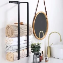 Handdoekrek - 70 Cm - RVS - Handdoekhouder BaderiQ Paris Large - MODEL 2023 - Schroeven Of Plakken - Handdoekenhouders - Handdoekhaak - Handdoek Organizer - Rvs Mat Zwart Poedercoating - Large H70xB20xD14 - Ook Beschikbaar In 40 Cm -Woonwinkel 1200x1200 2556