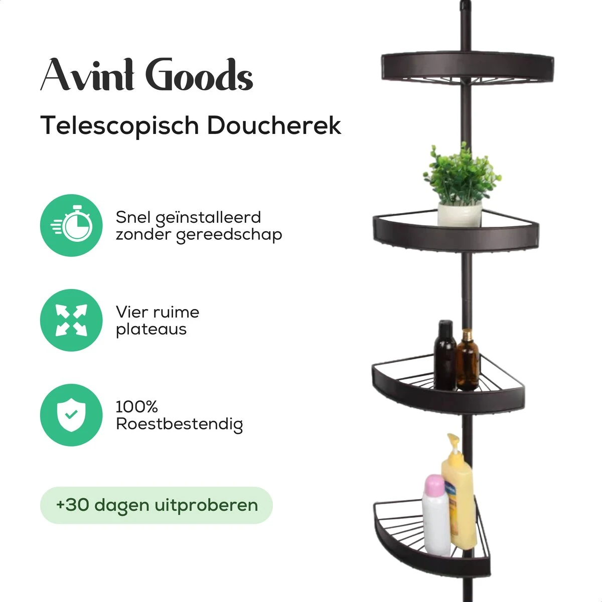 Avint Goods Telescopisch Doucherek Zonder Boren – 4 Laags Badkamerrek Staand – Douche Rek Hoekrek – Zwart 4 Avint Goods Telescopisch Doucherek Zonder Boren – 4 Laags Badkamerrek Staand – Douche Rek Hoekrek – Zwart - Afbeelding 2