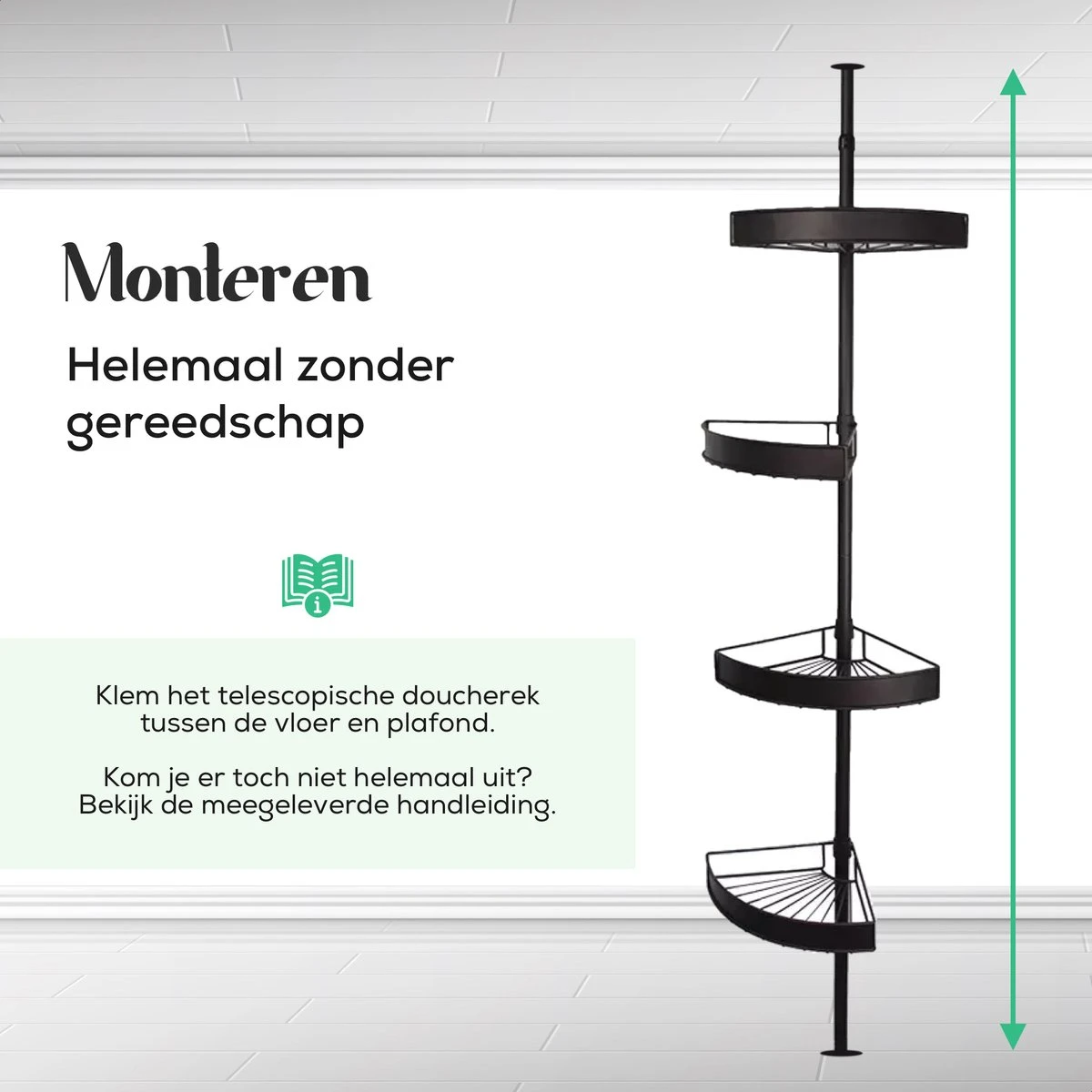 Avint Goods Telescopisch Doucherek Zonder Boren – 4 Laags Badkamerrek Staand – Douche Rek Hoekrek – Zwart 6 Avint Goods Telescopisch Doucherek Zonder Boren – 4 Laags Badkamerrek Staand – Douche Rek Hoekrek – Zwart - Afbeelding 4