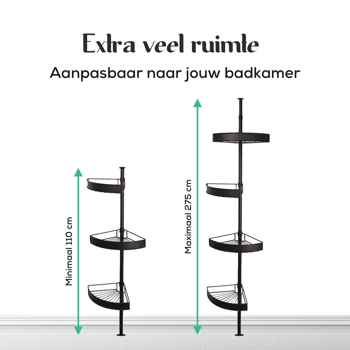 Avint Goods Telescopisch Doucherek Zonder Boren – 4 Laags Badkamerrek Staand – Douche Rek Hoekrek – Zwart 8 Avint Goods Telescopisch Doucherek Zonder Boren – 4 Laags Badkamerrek Staand – Douche Rek Hoekrek – Zwart - Afbeelding 6