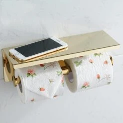 Merkloos TDR - Dubbele Toiletrol Houder - RVS - Met Geïntegreerd Goudkleurig Plankje / Planchet -Woonwinkel 1200x1200 2576