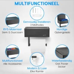 Happy Goods - WC Rolhouder Zonder Boren Zwart - Toiletrolhouder Met Plankje En Bakje RVS - Met Handdoekhaakje -Woonwinkel 1200x1200 2589