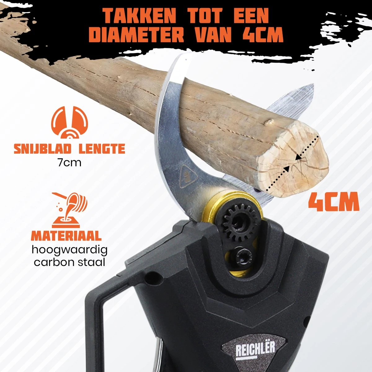 Reichlër® Elektrische Snoeischaar - 40 Mm Snijdiameter - 2x Accu - Anti-cut Functie - Heggenschaar - Takkenschaar - Zwart 4 Reichlër® Elektrische Snoeischaar - 40 Mm Snijdiameter - 2x Accu - Anti-cut Functie - Heggenschaar - Takkenschaar - Zwart - Afbeelding 2