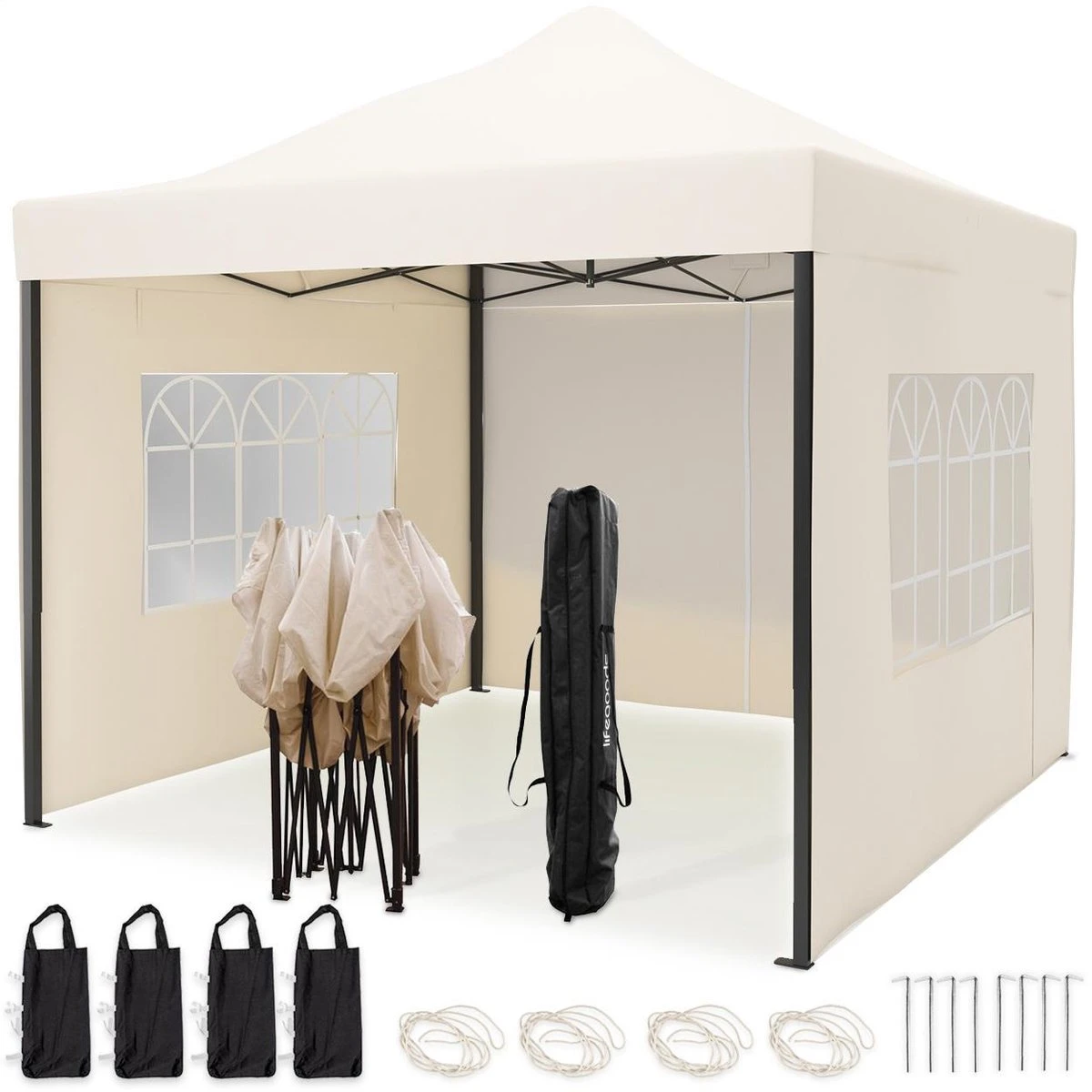 LifeGoods Partytent - 3x3 M - Zijwanden - Easy Up - Opvouwbaar - Waterdicht - Draagtas Met Wieltjes - Beige 3 LifeGoods Partytent - 3x3 M - Zijwanden - Easy Up - Opvouwbaar - Waterdicht - Draagtas Met Wieltjes - Beige
