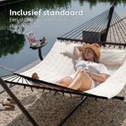 Vita5 Hangmat Met Standaard En Spreidstok – 2 Persoons – Incl. Bekerhouder - Afneembaar Kussen – Uv-bestendig – Beige -Woonwinkel 1200x1200 553