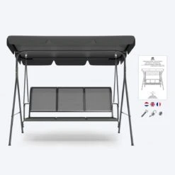 LifeGoods Schommelbank - 3-zits - Tot 250KG - Kantelbaar Dak - UV-bestendig Zonnescherm - 172x104x162cm - Grijs -Woonwinkel 1200x1200 720