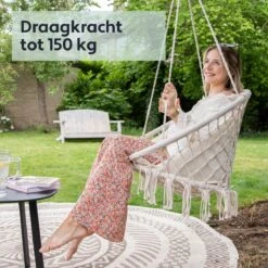 Vita5 Macramé Hangstoel - Voor Binnen En Buiten - Zonder Standaard - Incl. Kussen, Boekenvak En Beschermhoes - Tot 150kg - Beige -Woonwinkel 1200x1200 750