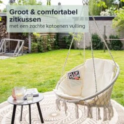 Vita5 Macramé Hangstoel - Voor Binnen En Buiten - Zonder Standaard - Incl. Kussen, Boekenvak En Beschermhoes - Tot 150kg - Beige -Woonwinkel 1200x1200 752
