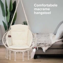 Vita5 Macramé Hangstoel - Voor Binnen En Buiten - Zonder Standaard - Incl. Kussen, Boekenvak En Beschermhoes - Tot 150kg - Beige -Woonwinkel 1200x1200 753